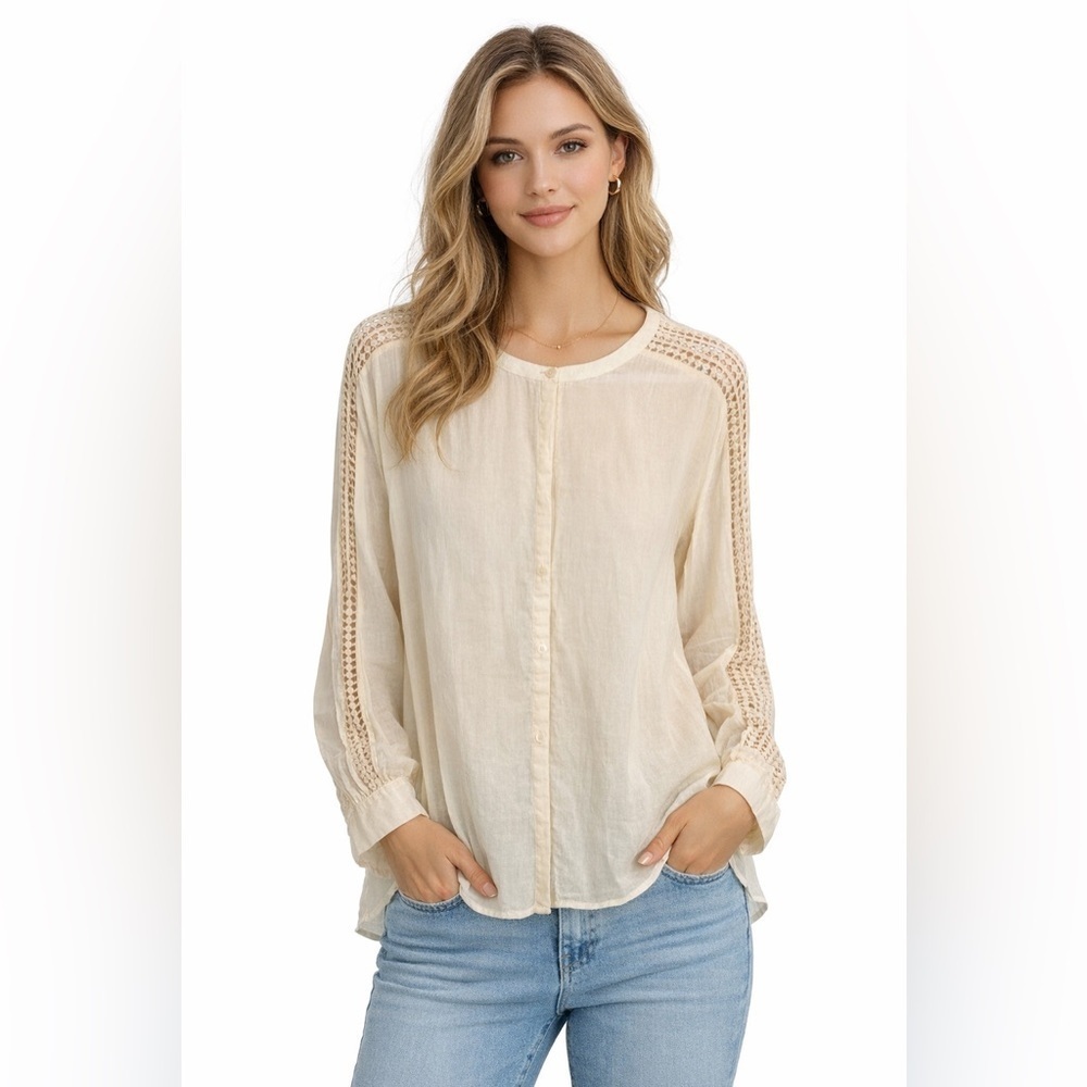 Pablo Cream Relaxed 100% Cotton Button Down Blouse Crocheted- French Importation